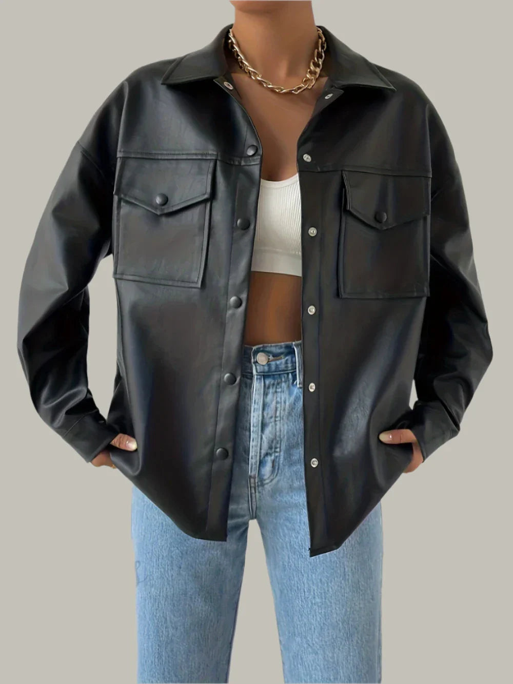 Giacca Moto Donna con Bottoni – Stile Streetwear a Maniche Lunghe
