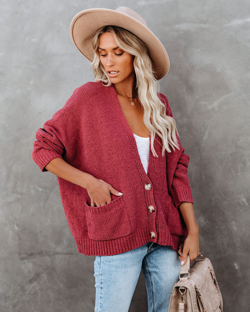 Cardigan con Tasche e Bottoni - Rosa Vintage