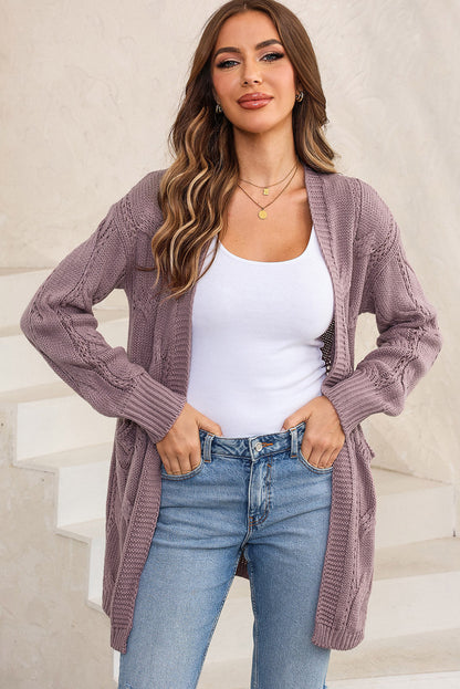 Cardigan Aperto a Maglia Intrecciata con Spacco Laterale