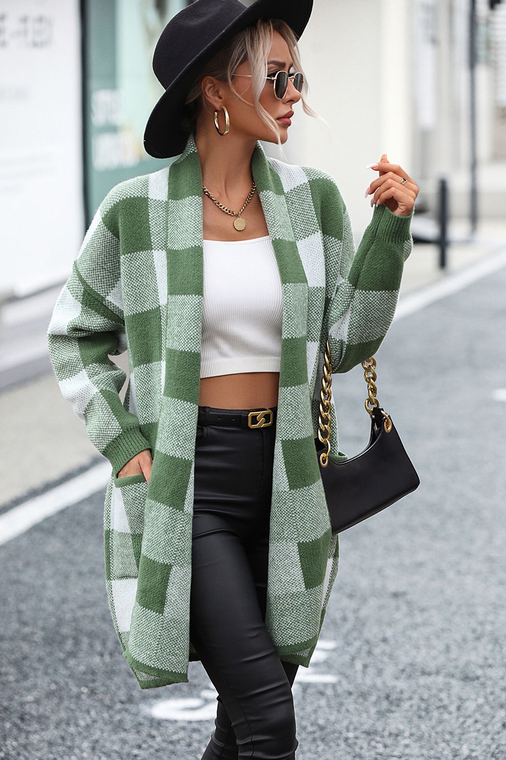 Cardigan a Quadri con Spalle Cadute e Tasca di Luca