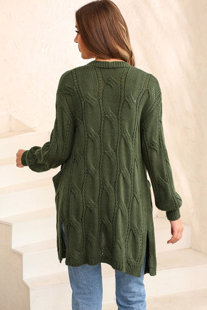 Cardigan Aperto a Maglia Intrecciata con Spacco Laterale