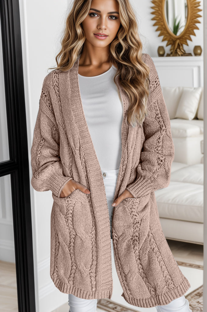 Cardigan Aperto a Maglia Intrecciata con Spacco Laterale