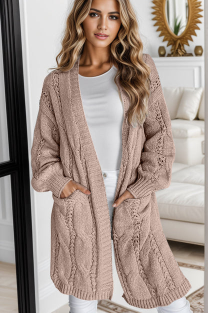 Cardigan Aperto a Maglia Intrecciata con Spacco Laterale