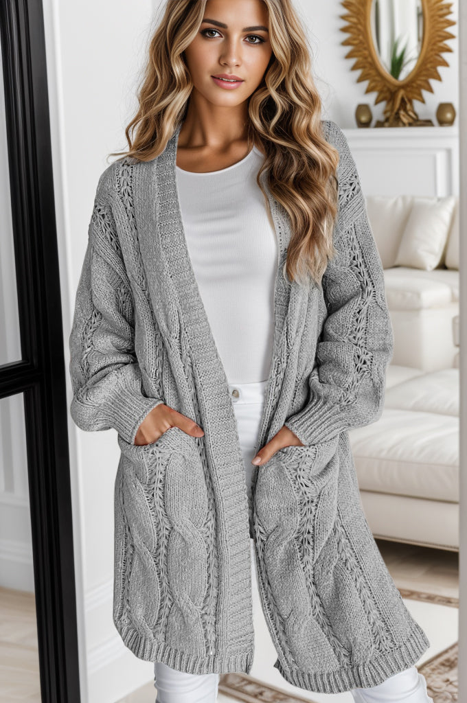 Cardigan Aperto a Maglia Intrecciata con Spacco Laterale