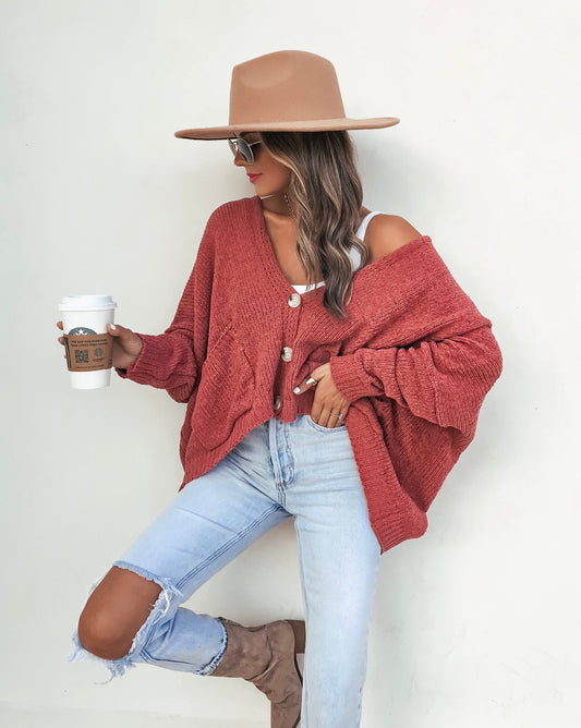 Cardigan con Tasche e Bottoni - Rosa Vintage
