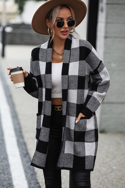 Cardigan a Quadri con Spalle Cadute e Tasca di Luca