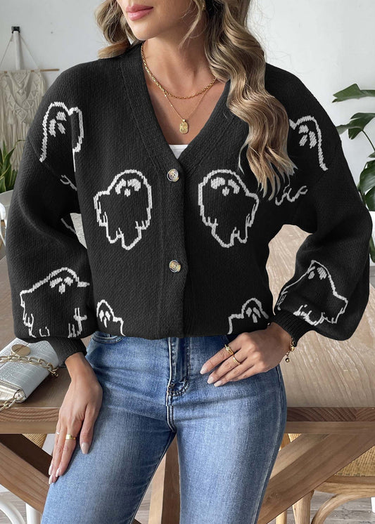 Elegante Cappotto in Maglia Nera con Bottoni e Collo a V per l'Autunno
