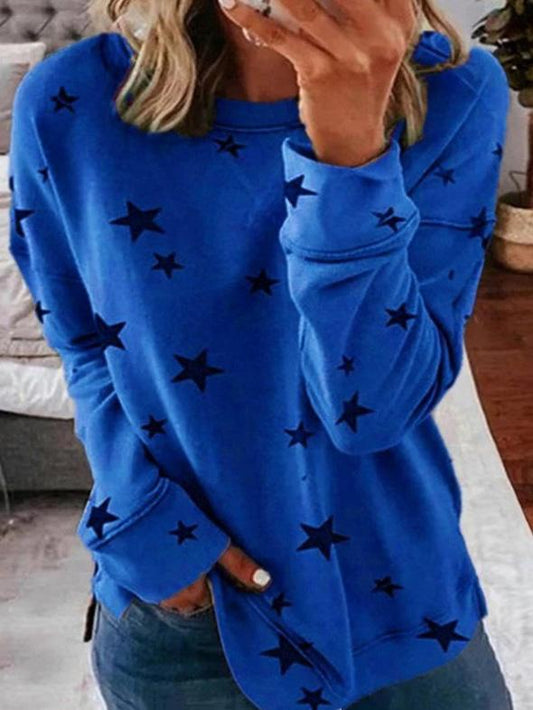 Maglione da donna a maniche lunghe con stampa a stelle e scollo rotondo