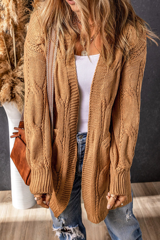 Cardigan Comodo in Maglia Cable con Spacco per uno Stile Informale