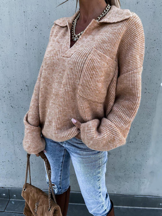 Maglione con Scollo a V e Tasche per Donna - Pullover a Maniche Lunghe Morbido