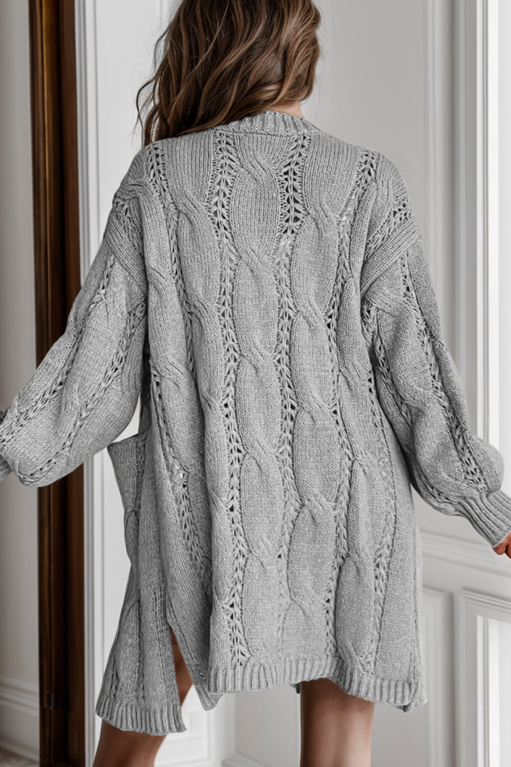 Cardigan Aperto a Maglia Intrecciata con Spacco Laterale
