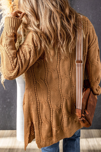 Cardigan Aperto a Maglia Intrecciata con Spacco Laterale