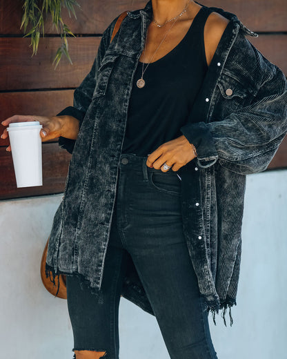 Giacca Shacket in Velluto a Coste Nero per Donna - Stile Consumato con Cintura