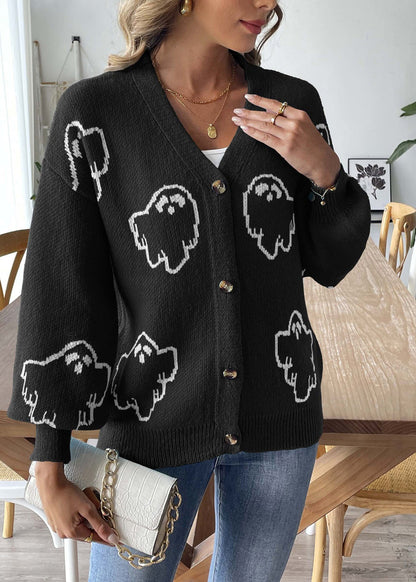 Elegante Cappotto in Maglia Nera con Bottoni e Collo a V per l'Autunno