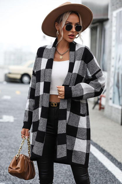 Cardigan a Quadri con Spalle Cadute e Tasca di Luca