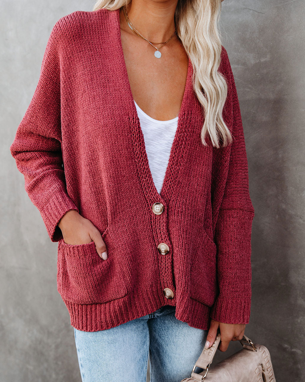 Cardigan con Tasche e Bottoni - Rosa Vintage