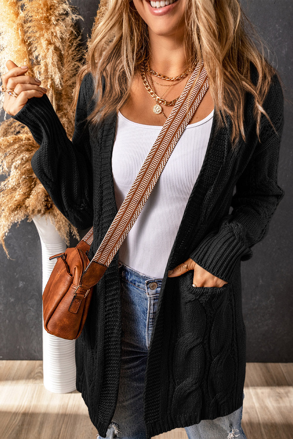 Cardigan Aperto a Maglia Intrecciata con Spacco Laterale