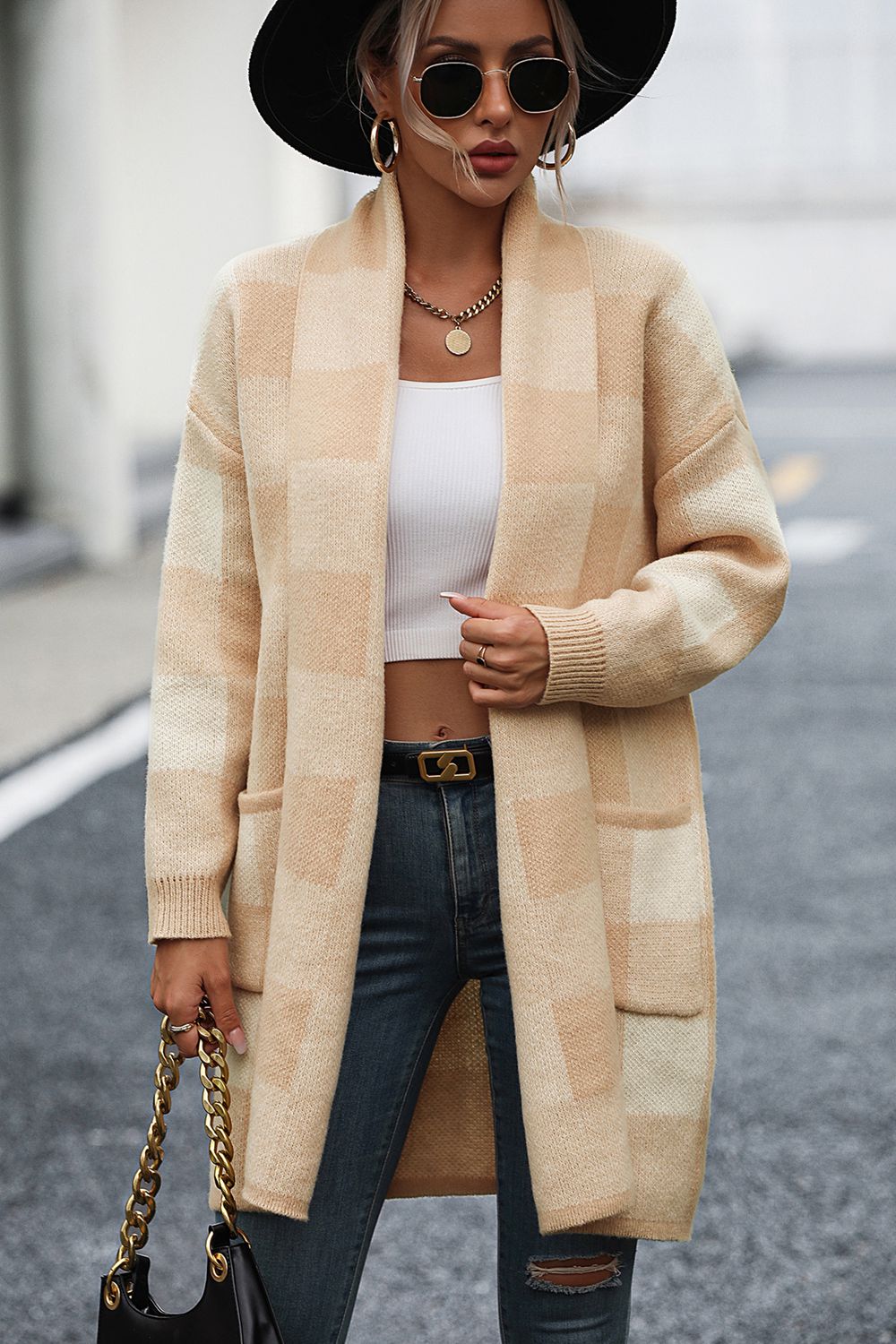 Cardigan a Quadri con Spalle Cadute e Tasca di Luca
