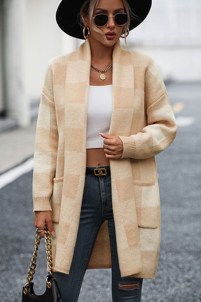 Cardigan a Quadri con Spalle Cadute e Tasca di Luca