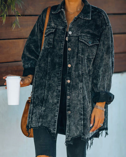 Giacca Shacket in Velluto a Coste Nero per Donna - Stile Consumato con Cintura