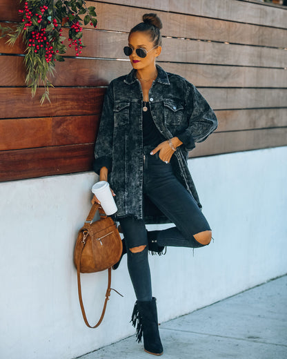 Giacca Shacket in Velluto a Coste Nero per Donna - Stile Consumato con Cintura