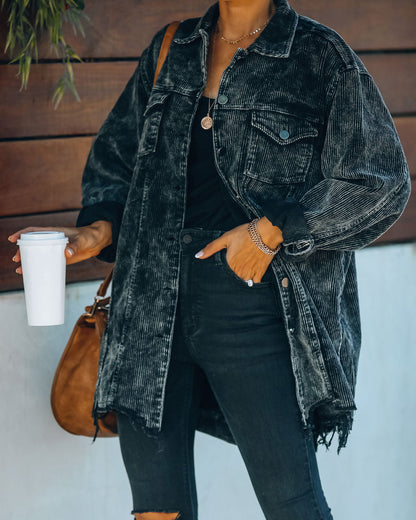 Giacca Shacket in Velluto a Coste Nero per Donna - Stile Consumato con Cintura