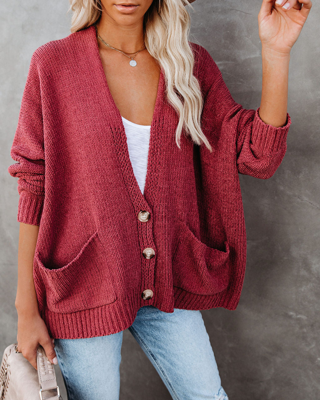 Cardigan con Tasche e Bottoni - Rosa Vintage